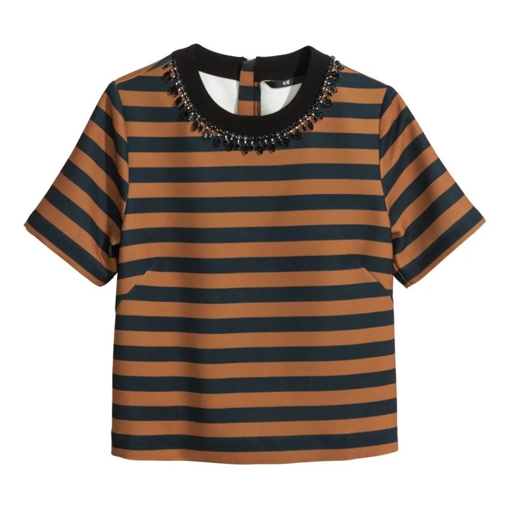 H&M Striped Black and Orange Top with Beaded Collar